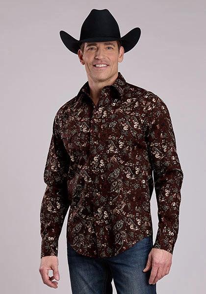 Roper Mens Brown Paisley Pearl Snap Button Up Western Shirt For Casual Everyday Wear by Wild West Outfitters