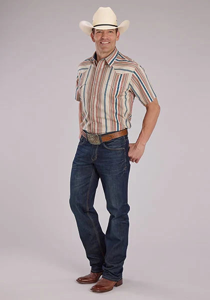 Roper 2469 Southwest Stripe (Tan) - Men's Short Sleeve Shirt