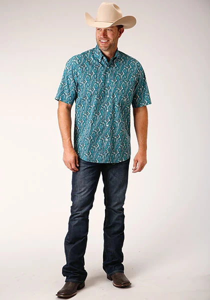 Roper 1449 Upstream Paisley (Blue) - Men's Short Sleeve Shirt