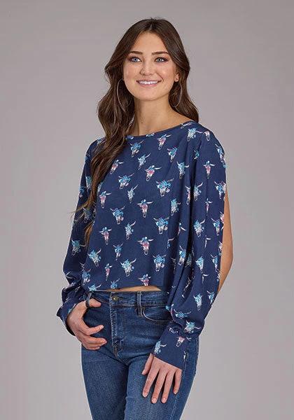 Roper Womens Navy Skull Swing Blouse Western Style Top For Women Lightweight Comfortable Everyday Wear by Roper