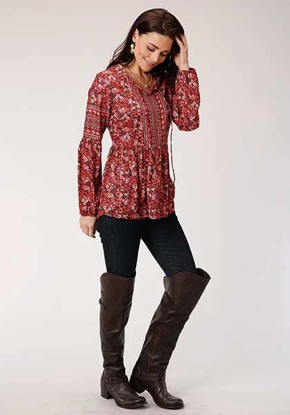 Roper 00339 Border Print (Red) - Women's Western Blouse