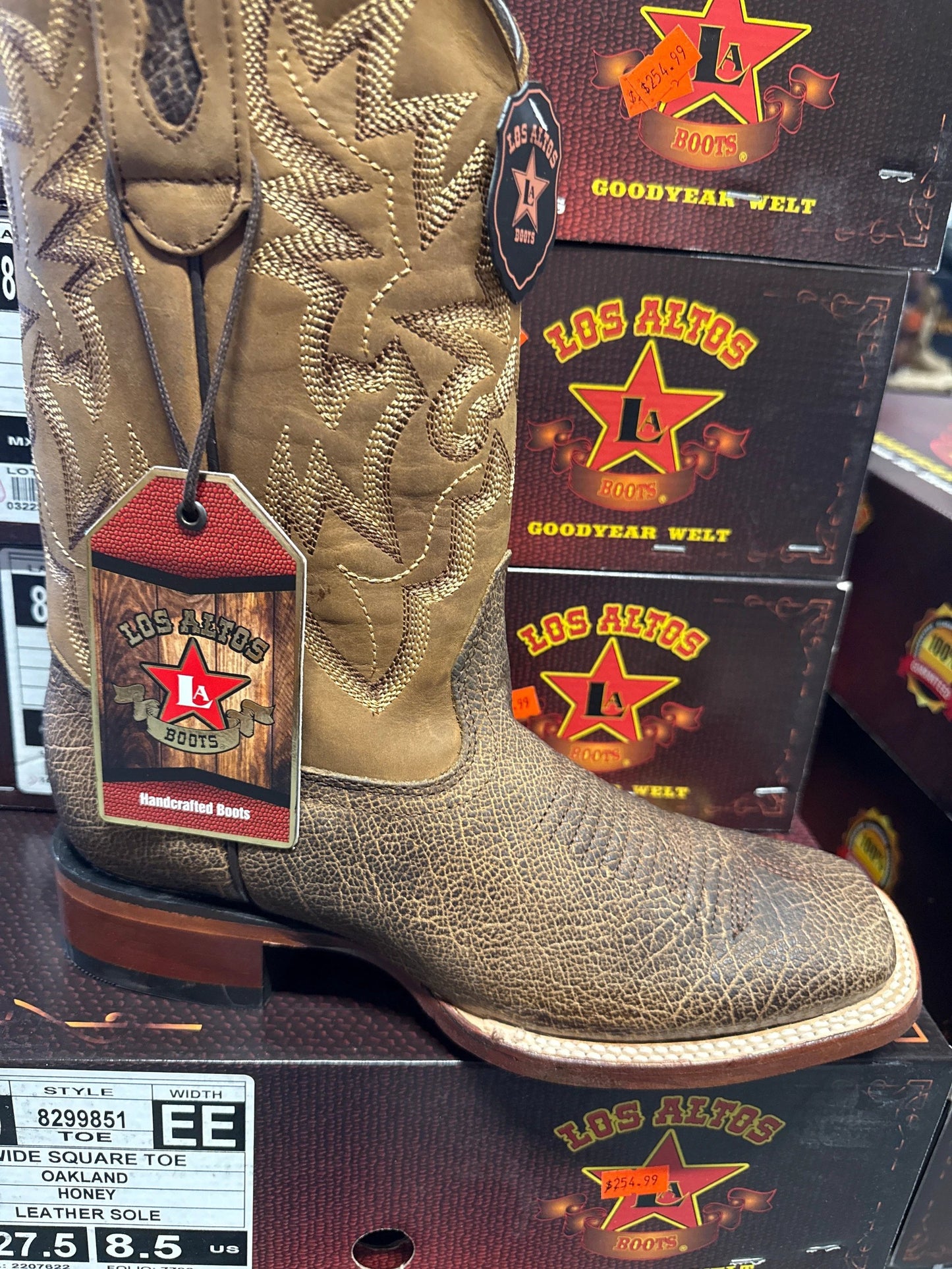Los Altos Oakland Honey Wide Square Toe Handcrafted Leather Cowboy Boot For Everyday Western Wear by Los Altos
