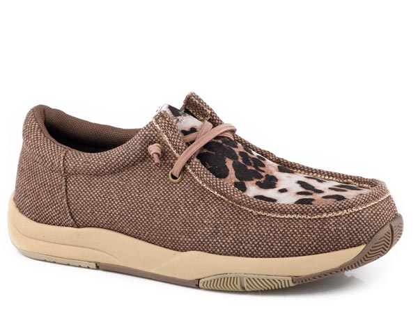 Roper Ladies Tan Canvas Slip On Shoes with Leopard Designs
