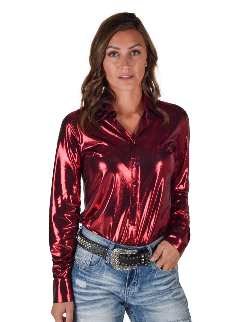 Cowgirl Tuff Metallic Red Pullover Button Up Western Shirt For Women Showshirt Rodeo Ready by Cowgirl Tuff