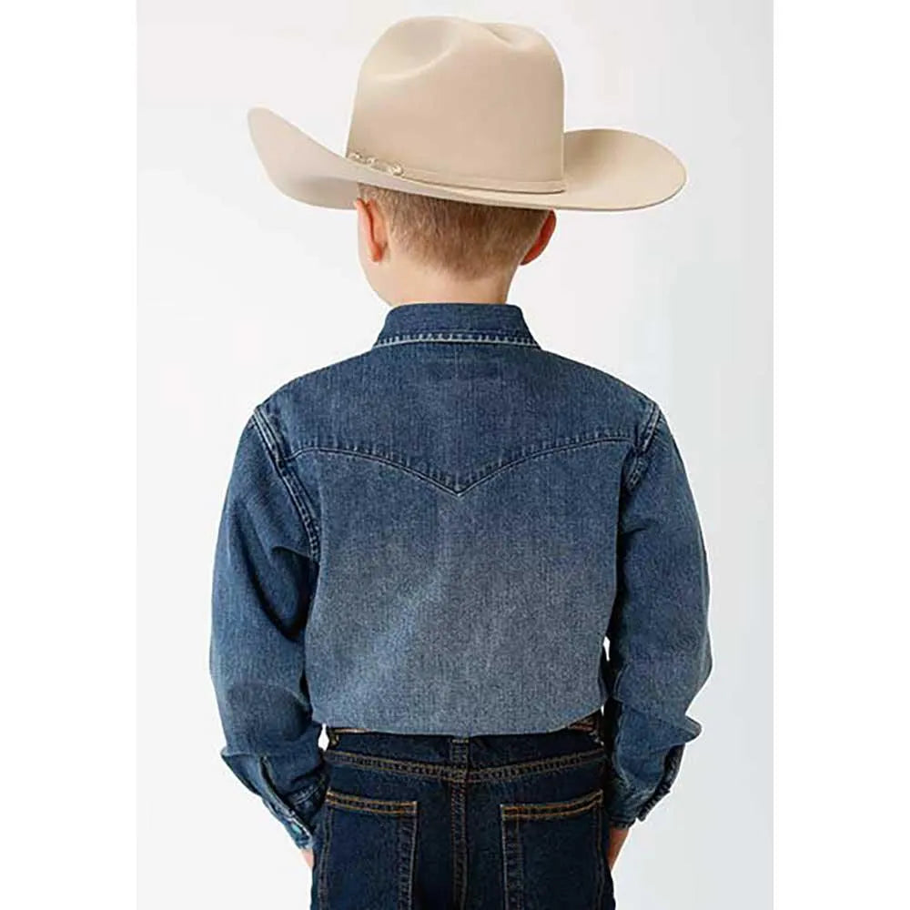 Stetson Medium Weight Denim Long Sleeve (Blue) - Boy's Western Shirt