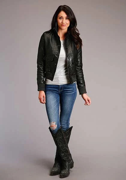 Stetson Novelty Solid Smooth Buttoned (Black) - Women's Lamb Leather Jacket