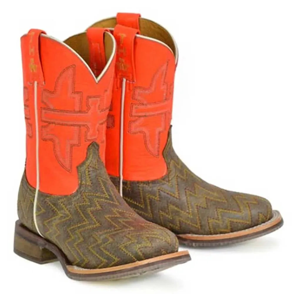 Tin Haul Neon Thunder / Desert Rider Sole (Orange) - Little Kids/Big Kids Leather Cowboy Boots