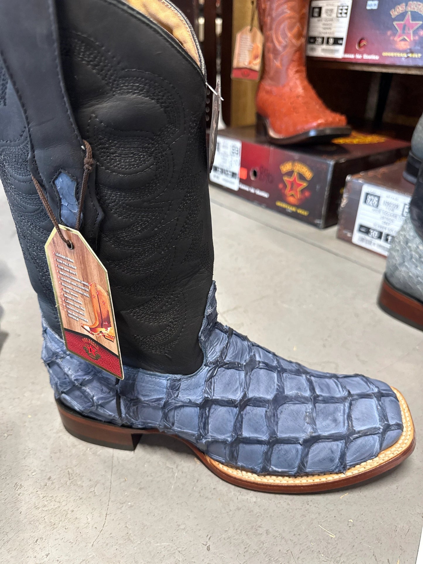 Exotic Los Altos Inverted Pirarucu Blue Jeans Square Toe Leather Shoe For Men Handmade Exotic Footwear by Los Altos