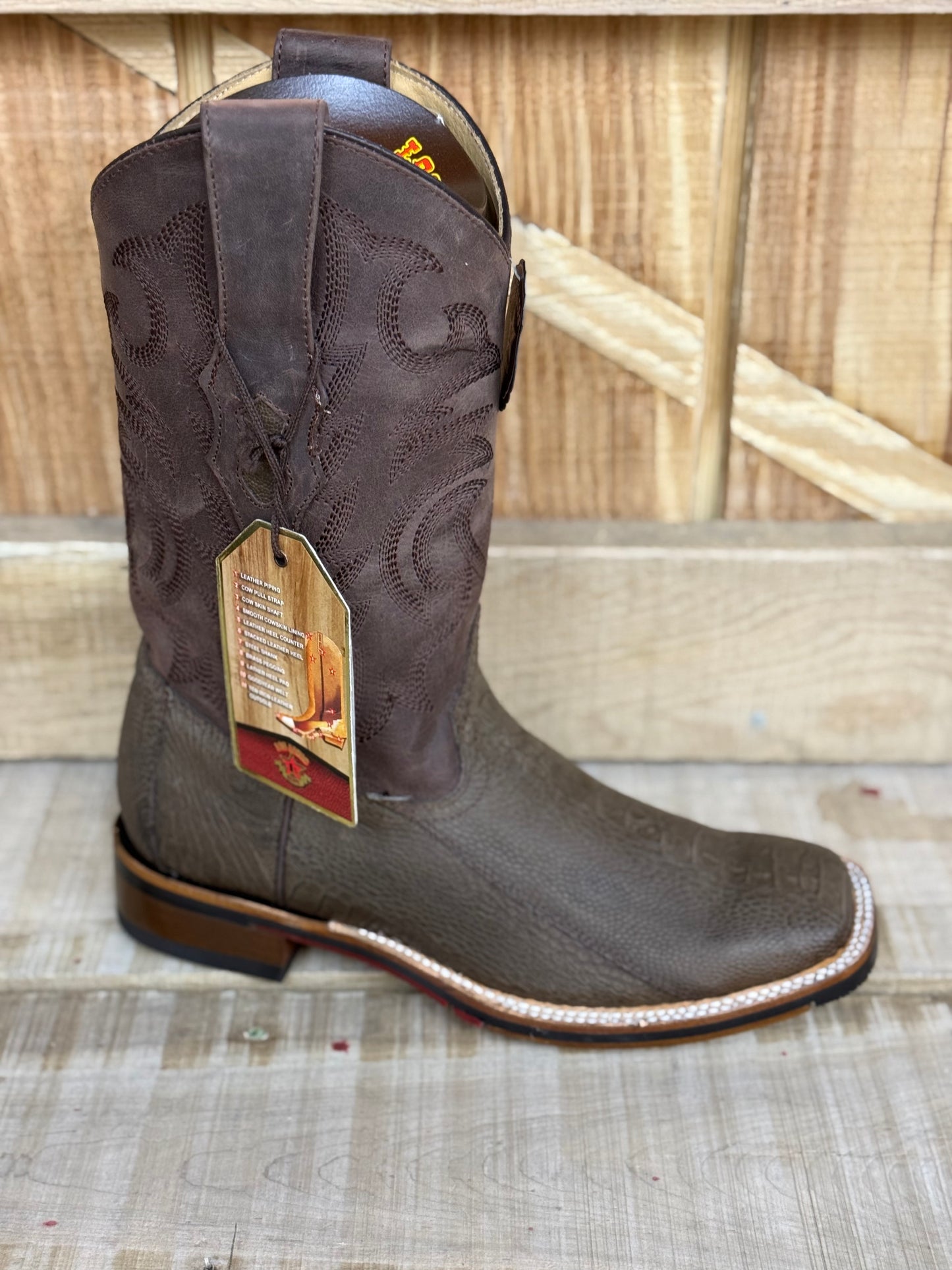 Exotic Los Altos Ostrich Leg Grasso Brown Wide Square Toe