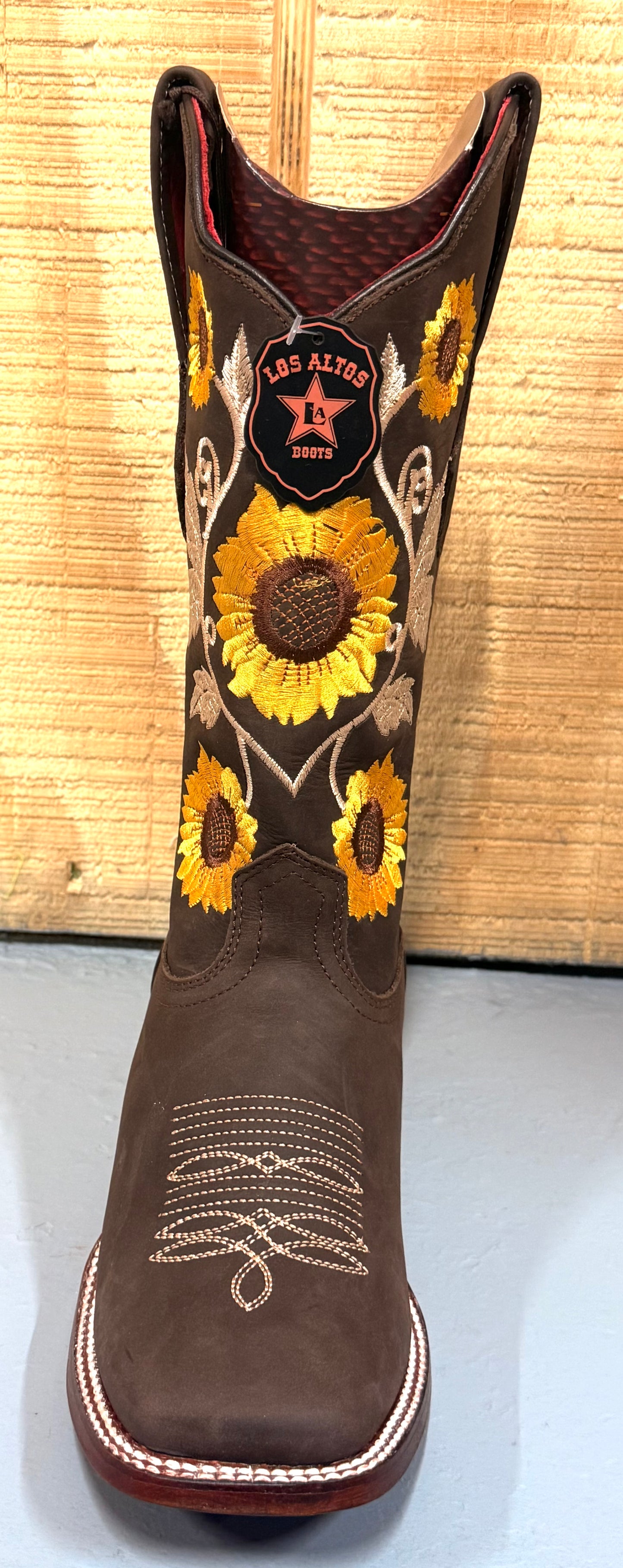 Los Altos Crazy Brown Sunflower Wide Square Toe Cowgirl Boots