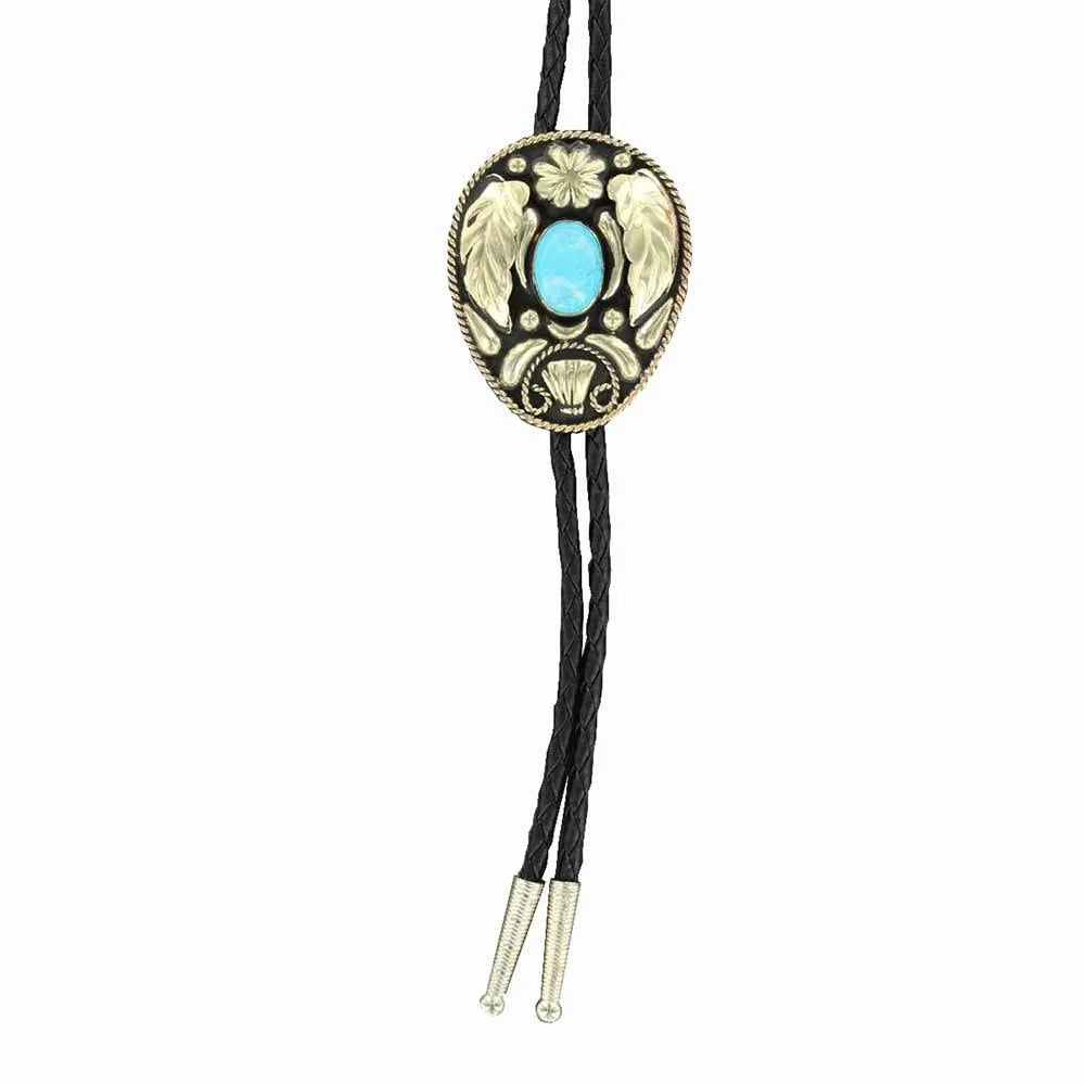 Double S Silver Leaf with Turquoise Stone (Black) - Bolo Tie