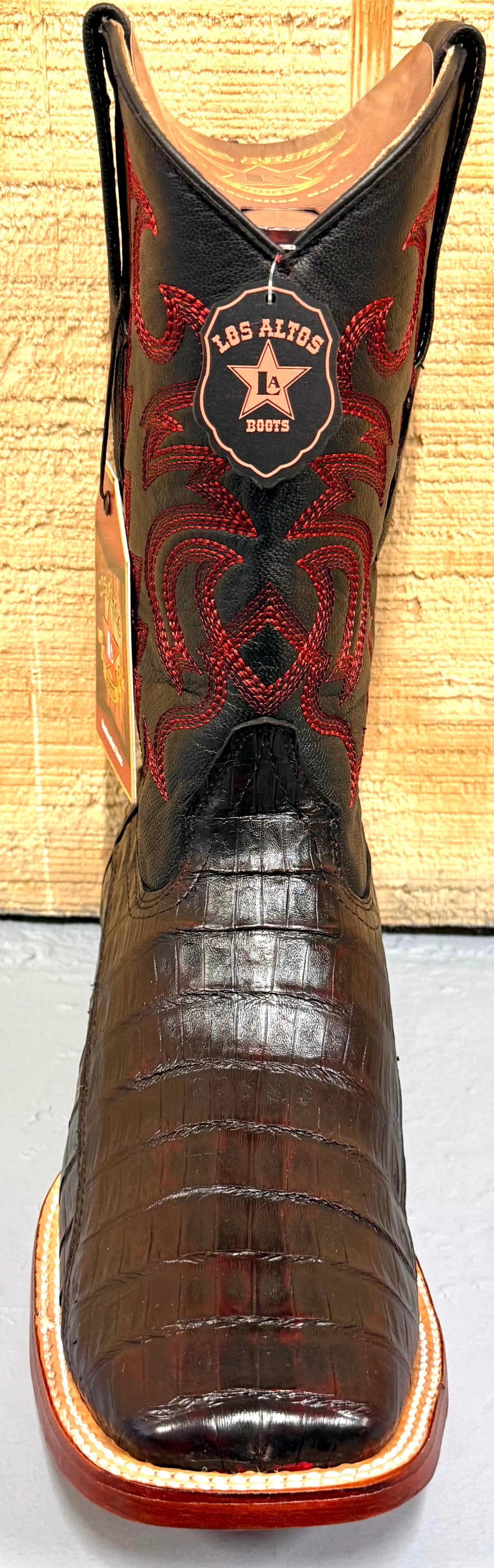 Exotic Los Altos Pierced Black Cherry Caiman Belly Wide Square Toe Mens Cowboy Boots by Los Altos