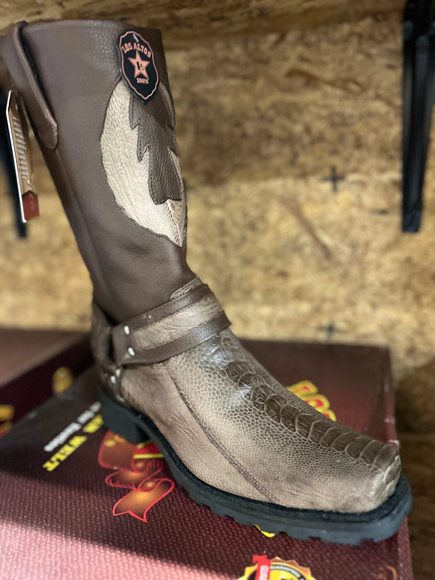 Exotic Los Altos Ostrich Leg Biker Boots Grasso Brown Leather Western Motorcycle Boots by Los Altos