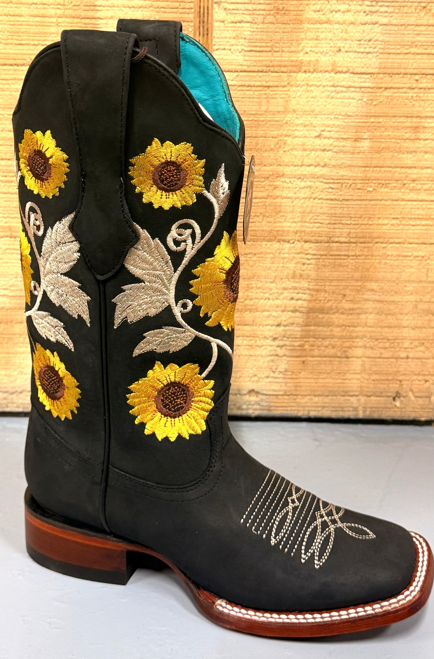 Los Altos Crazy Black Sunflower Wide Square Toe Cowgirl Boots