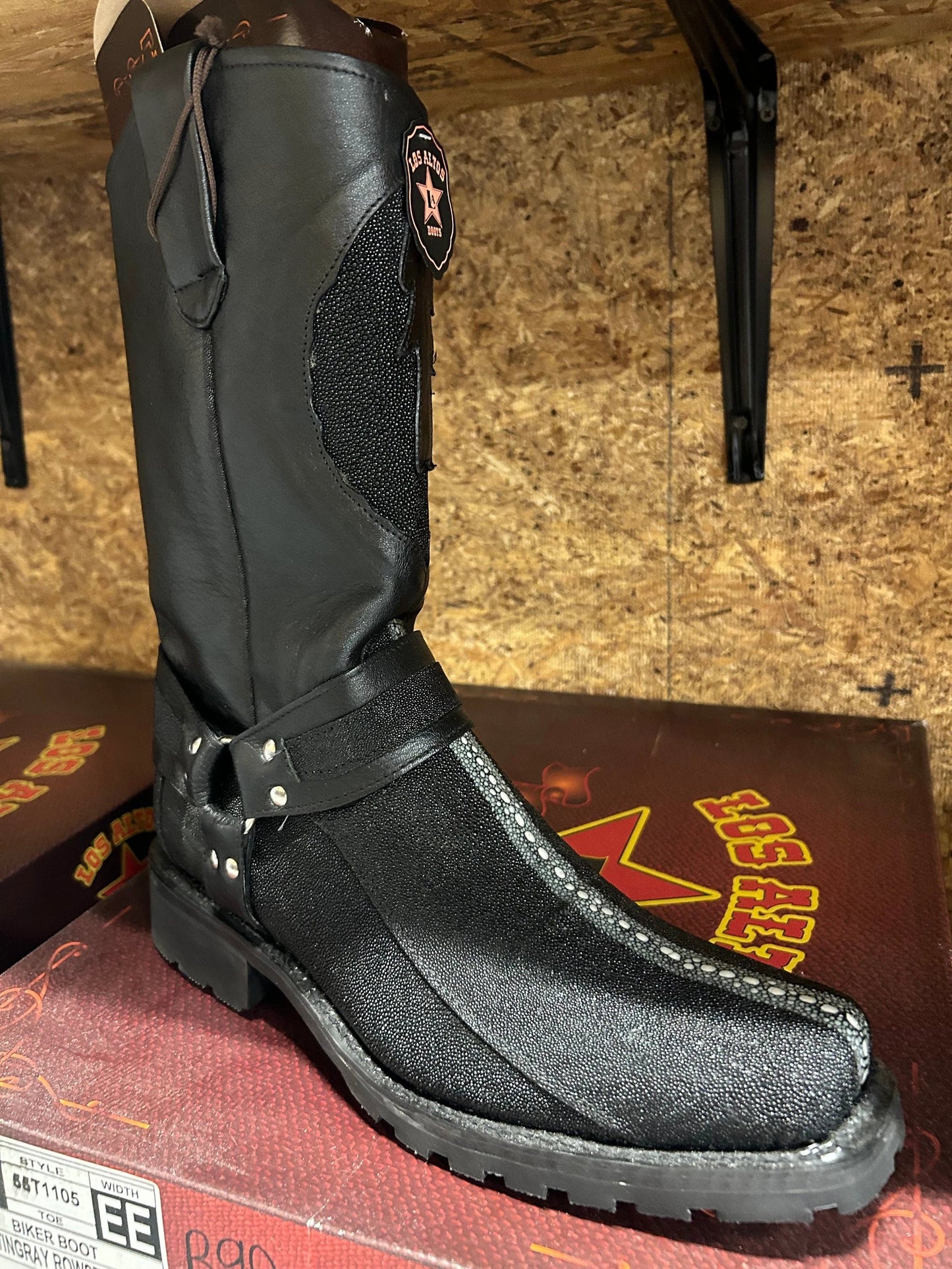 Exotic Los Altos Stingray Rowstone Biker Boots Black Premium Leather Construction With Comfort Fit by Los Altos