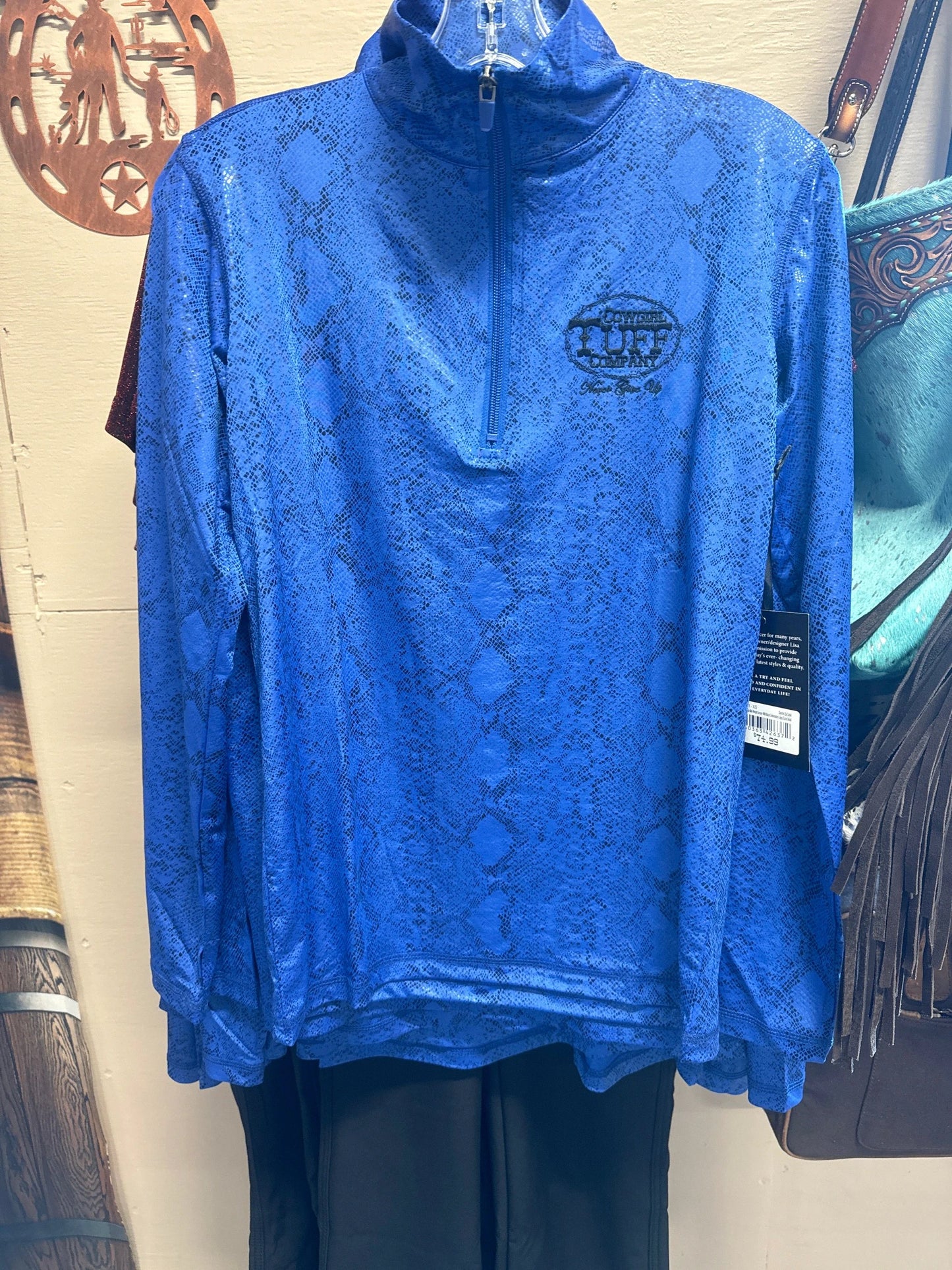 Cowgirl Tuff Mid Weight Jersey With Blue Snakeskin Embroidery For Western Wear And Style Tee by Cowgirl Tuff