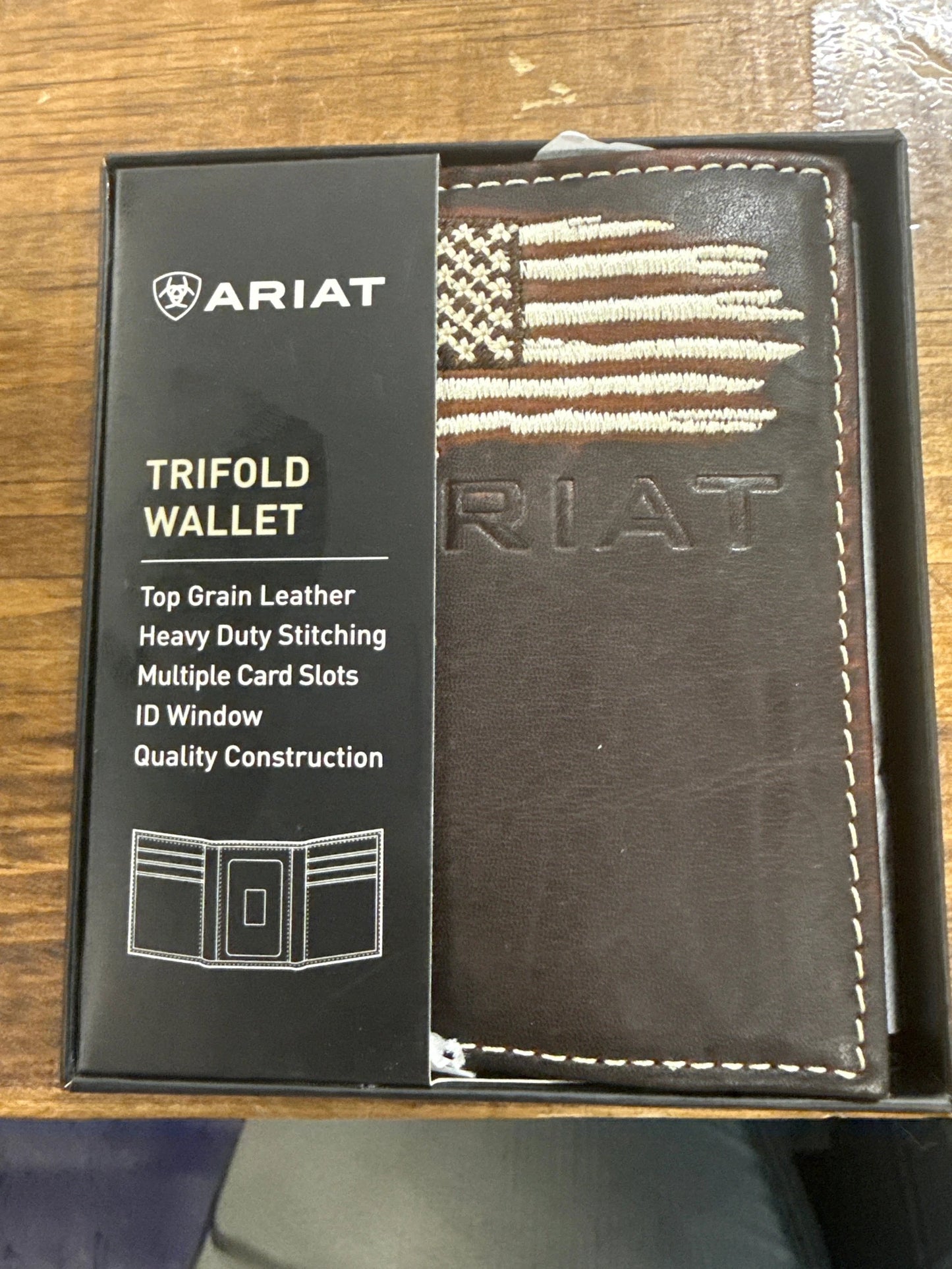 Ariat Brown White Flag Tri Fold Leather Wallet Bifold Western Style for Men Premium Gift Idea by Wild West Outfitters