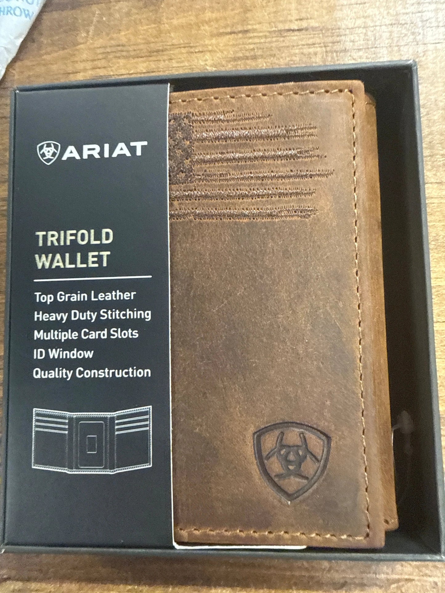 Ariat Brown Flag Tri-Fold Wallet Leather Bifold Card Holder For Men With Ample Card Slots Western Style by Wild West Outfitters