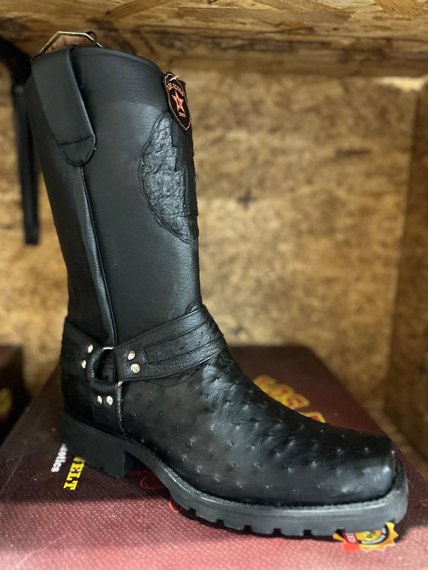 Exotic Los Altos Quilled Ostrich Biker Boot Grasso Black Premium Handcrafted Western Footwear by Los Altos