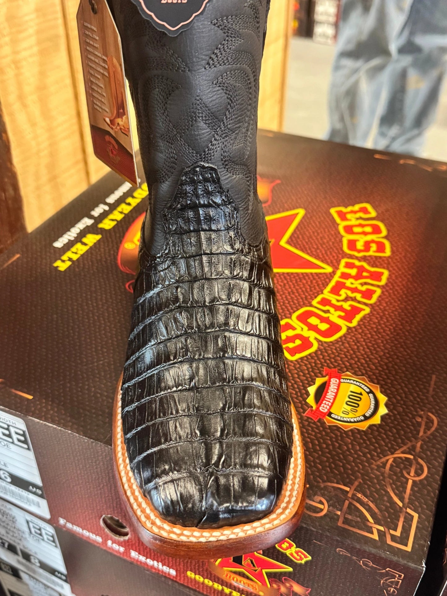 Exotic Los Altos Caiman Tail Black Cowboy Boots With Wide Square Toe Leather Sole by Los Altos