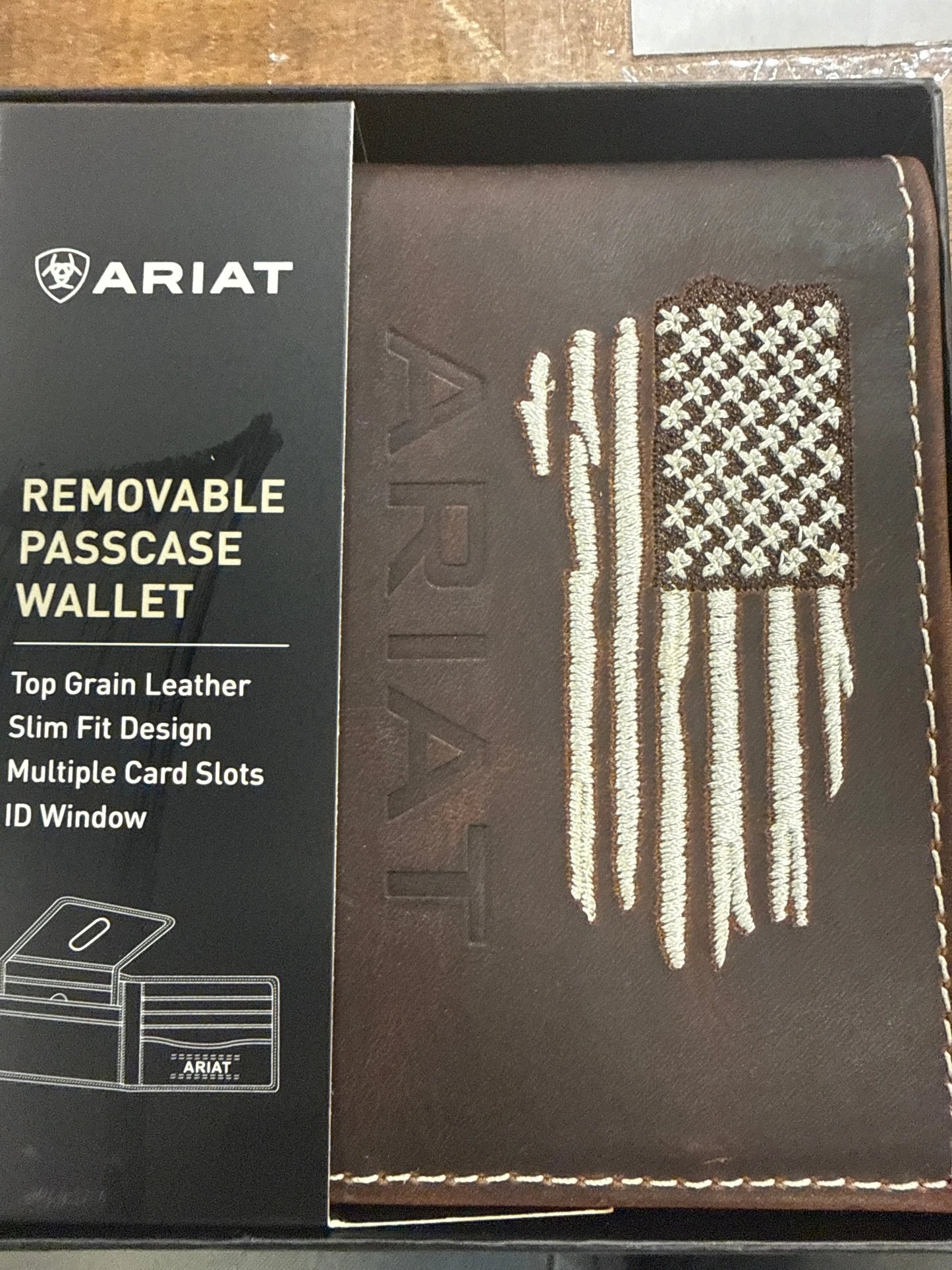 Ariat Brown White Flag Bi Fold Wallet For Men With Card Slots And ID Window Slim Design Everyday Carry by Wild West Outfitters