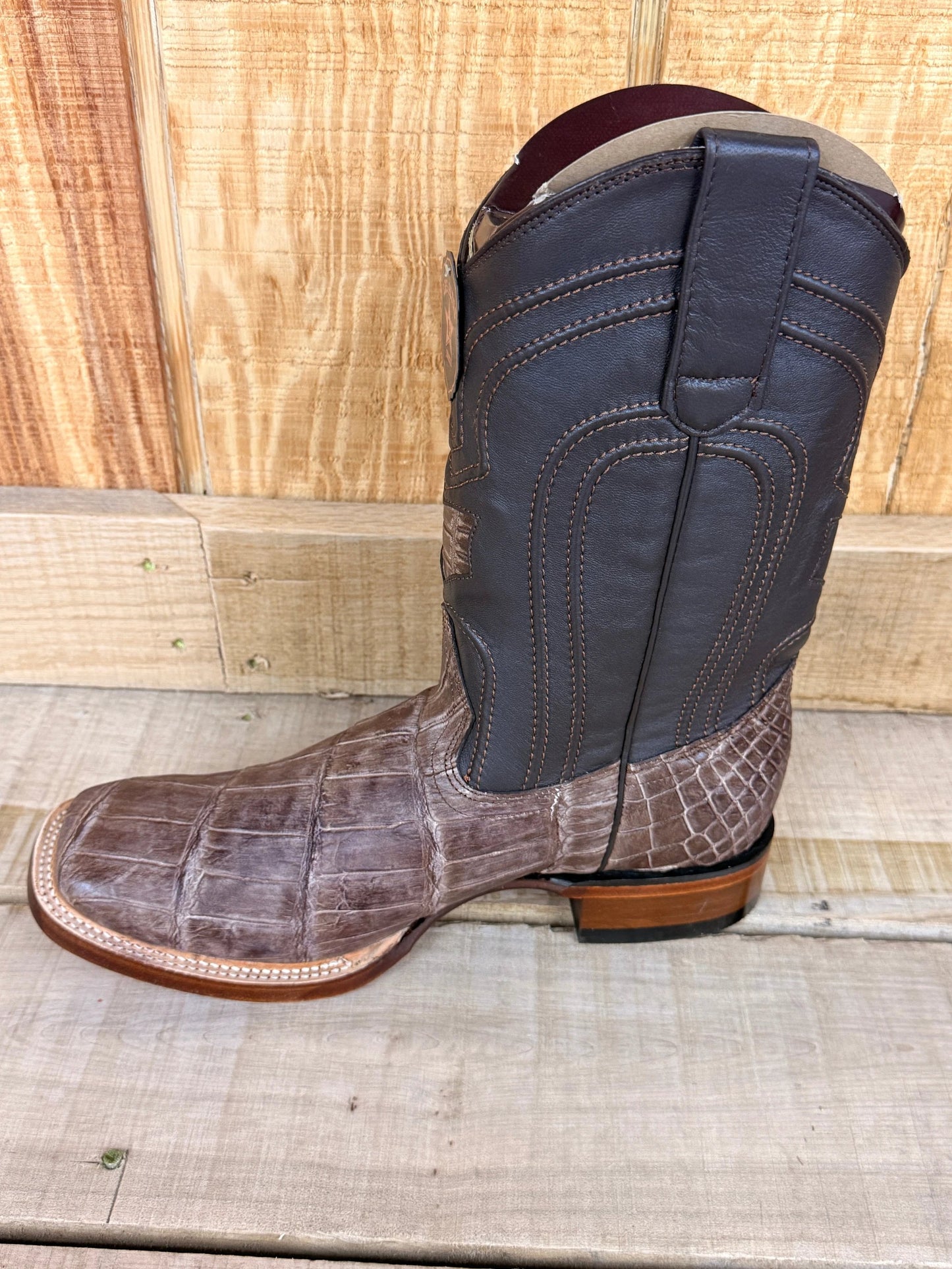 Exotic Los Altos Sanded Brown Alligator Hornback Wide Square Toe Leather Sole Cowboy Boots by Wild West Outfitters