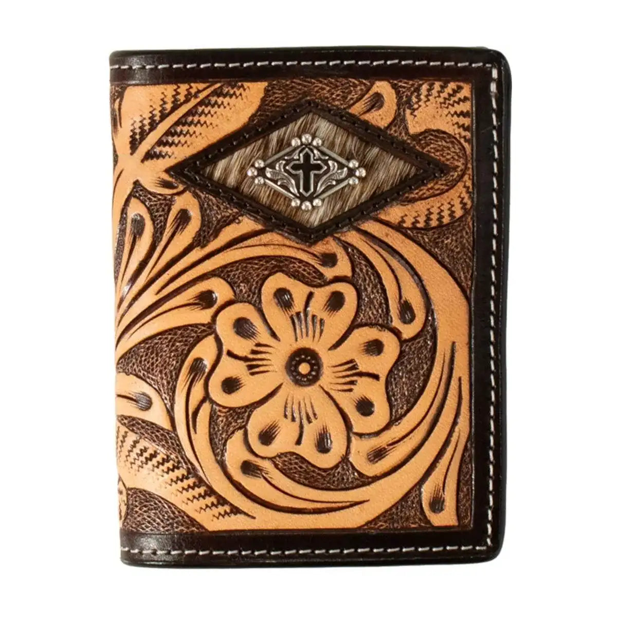 3D Tooled Floral Diamond Cross Concho - Men's Tri-Fold Wallet