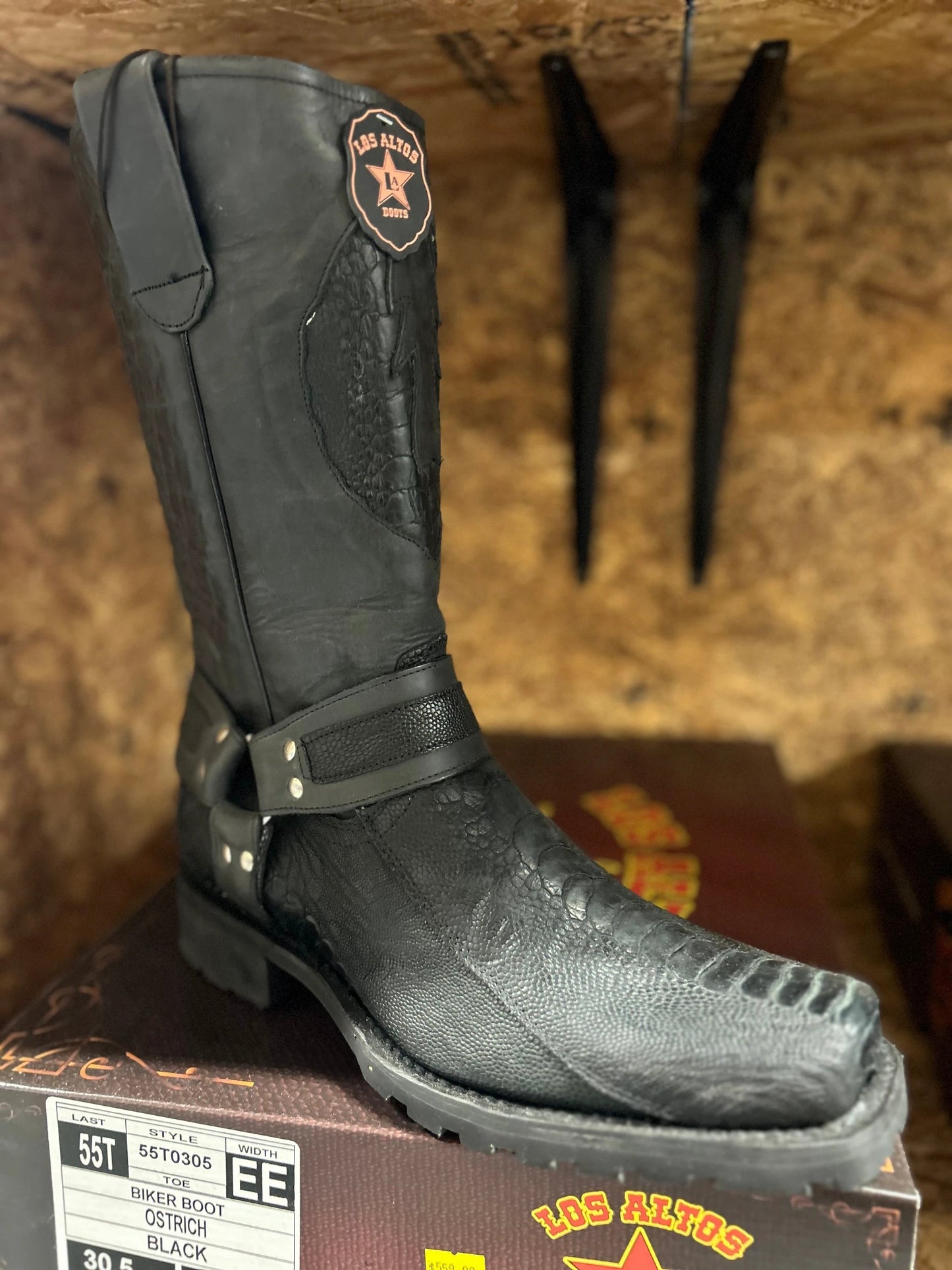 Los Altos Ostrich Leg Biker Boots Black Exotic Leather Western Style Footwear Collection by Los Altos