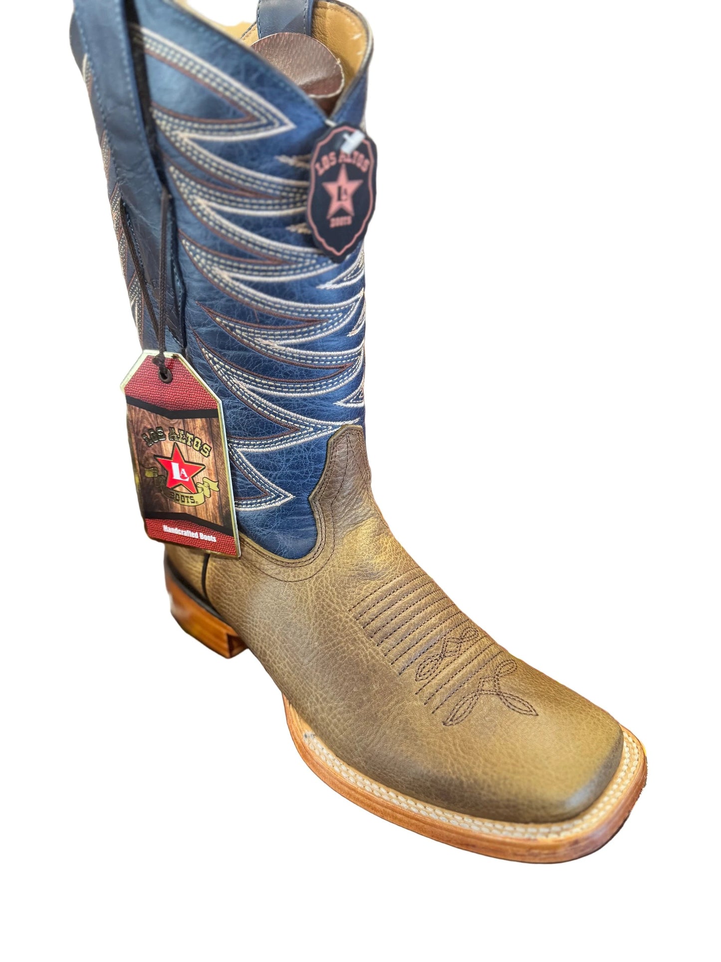 Los Altos Rage Walnut Blue Top Men's Wide Square Toe Cowboy Boots With Leather Sole by Los Altos