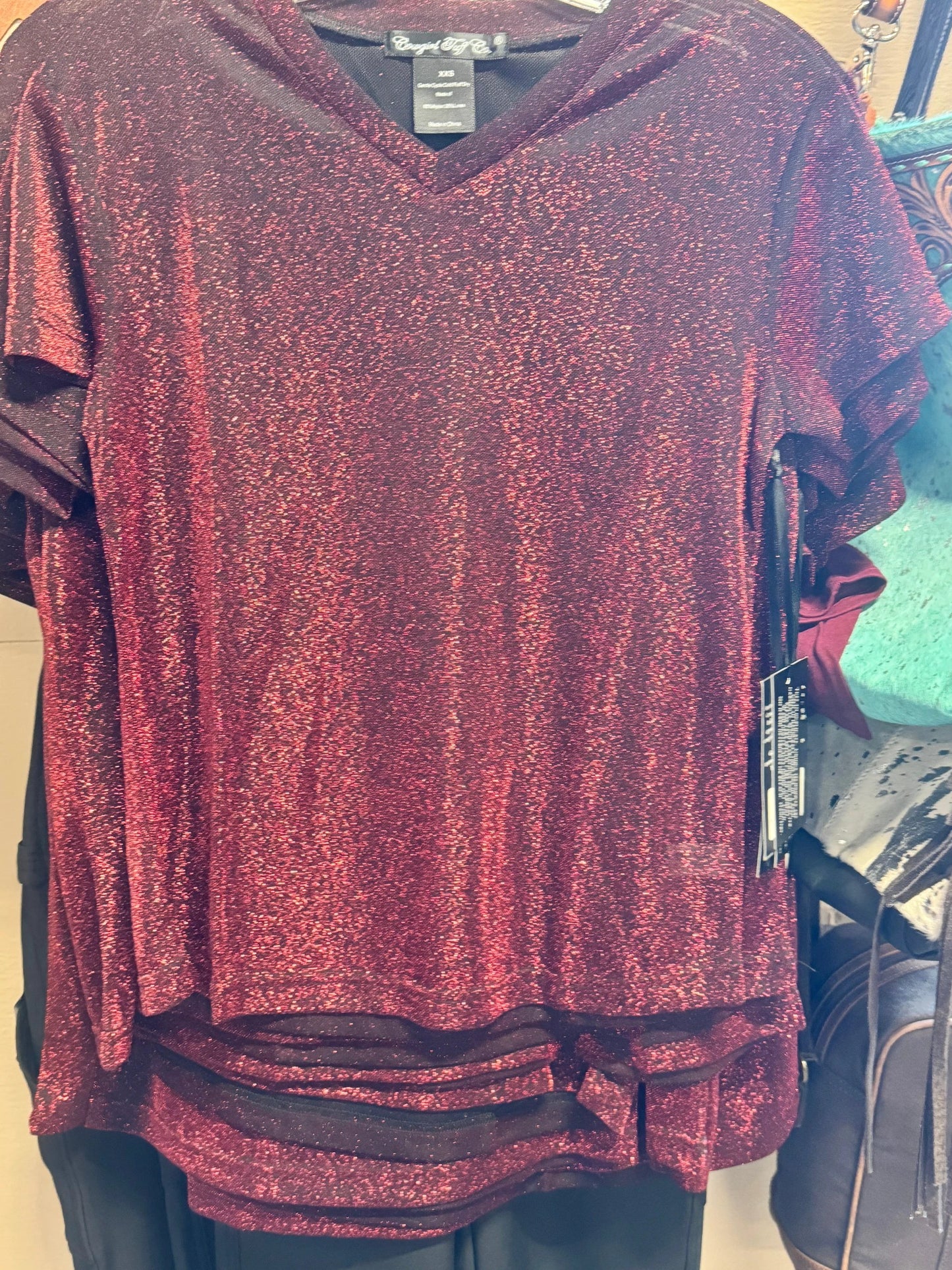 Cowgirl Tuff Red Shimmer Short Sleeve V Neck Tee Lightweight Breathable Summer Top For Women by Cowgirl Tuff