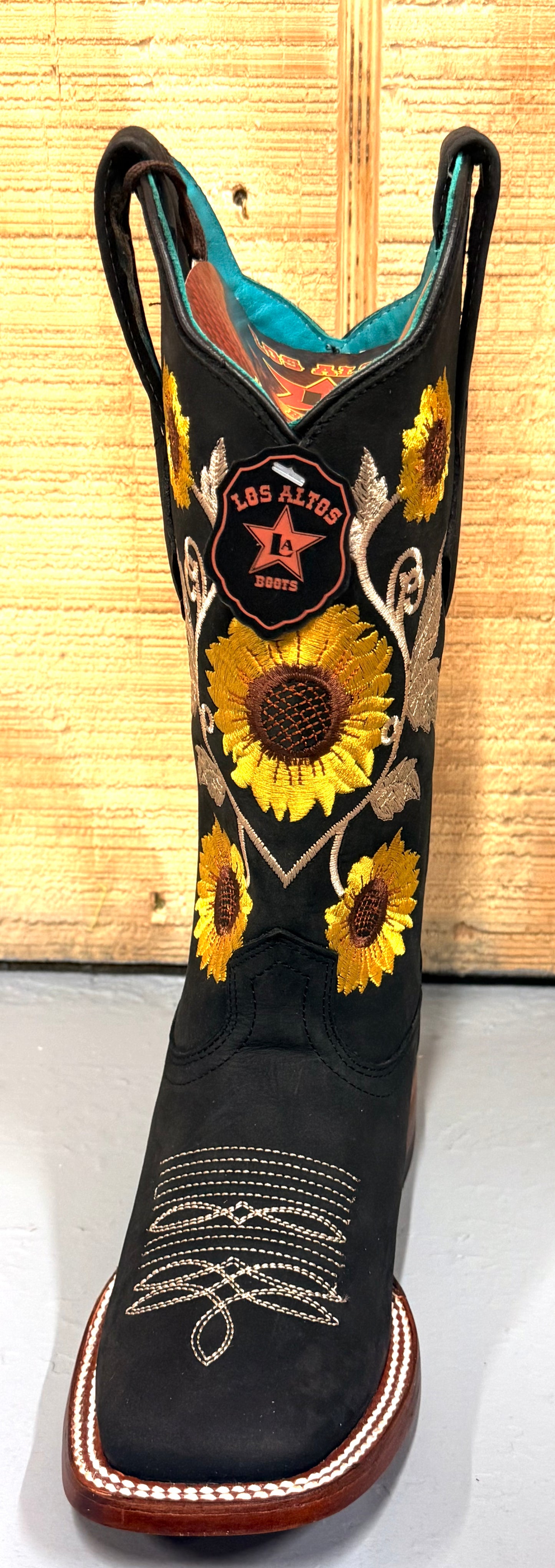 Los Altos Crazy Black Sunflower Wide Square Toe Cowgirl Boots