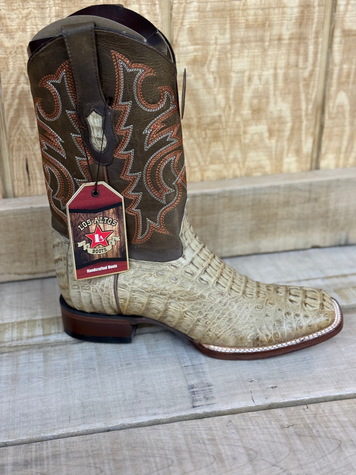 Exotic Los Altos Caiman Hornback Grasso Honey Leather Sole Square Toe Boots