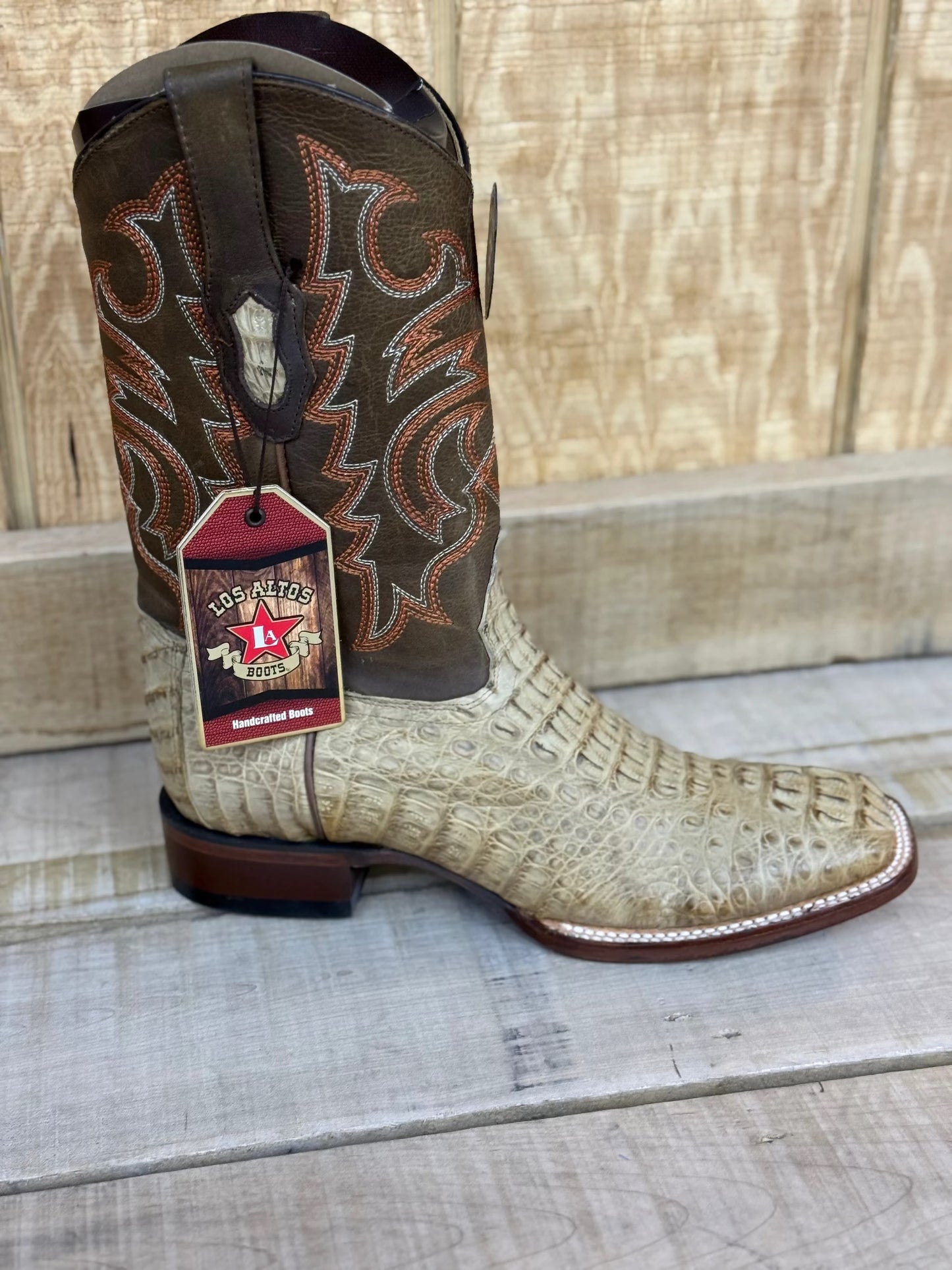 Exotic Los Altos Caiman Hornback Grasso Honey Leather Sole Square Toe Boots For Men by Los Altos
