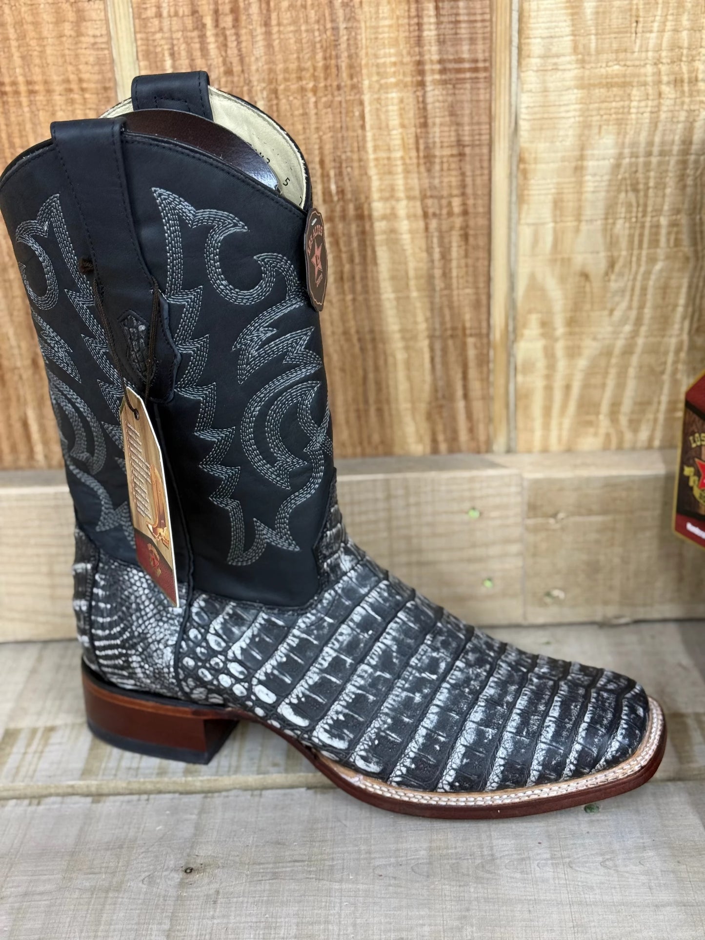 Exotic Los Altos Caiman Belly Sahara Black Leather Sole Square Toe Western Boots For Men by Los Altos
