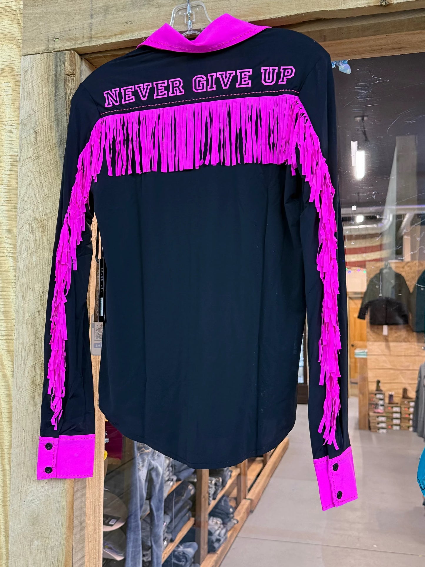 Cowgirl Tuff Black Pink Never Give Up Pullover Button Up 4 Way Stretch Showshirt for Western Riding by Cowgirl Tuff