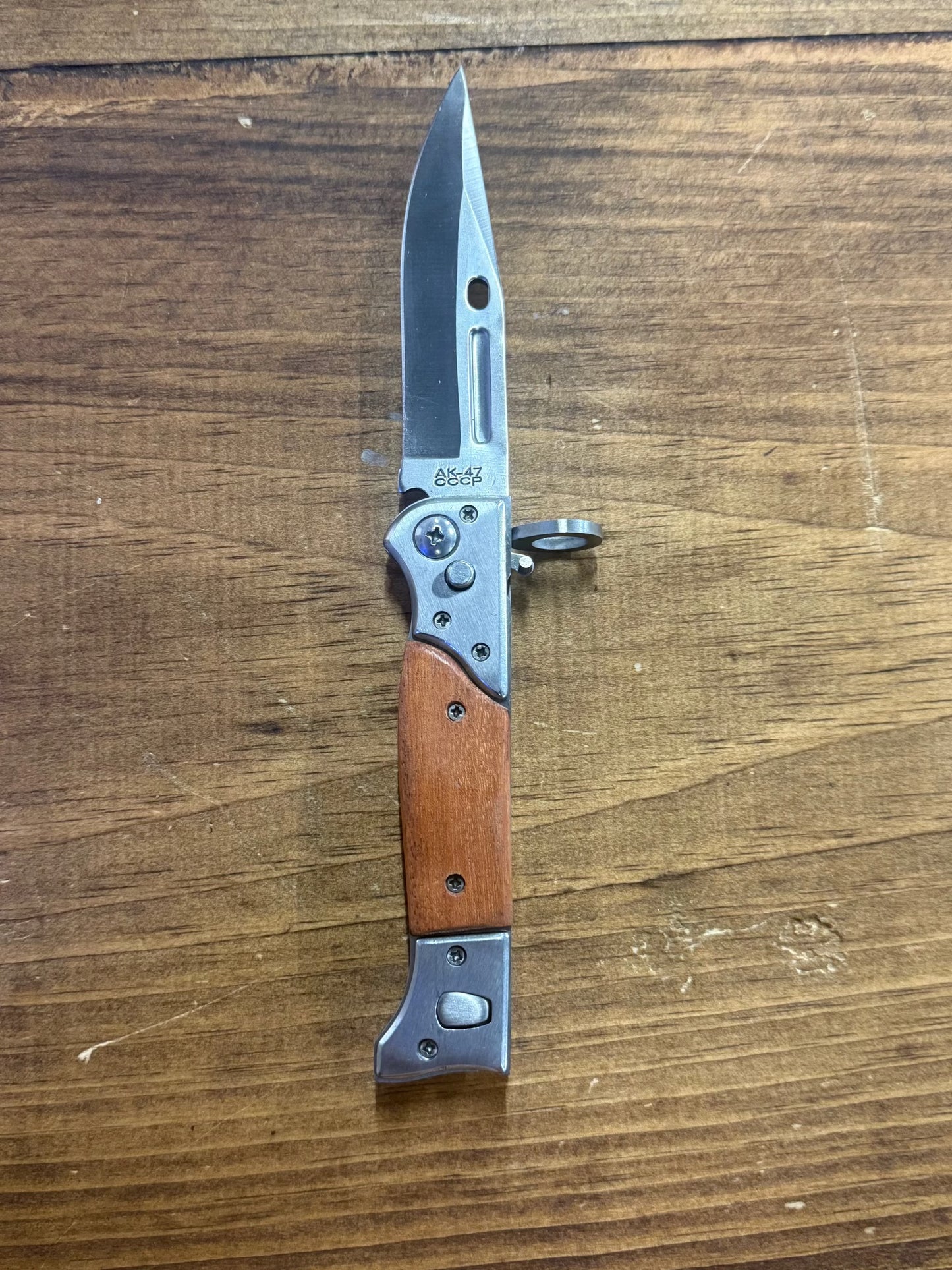 Small AK47 CCCP Switchblade Knife Stainless Steel With Wooden Handle And Camo Pouch Engraving Included by Wild West Outfitters