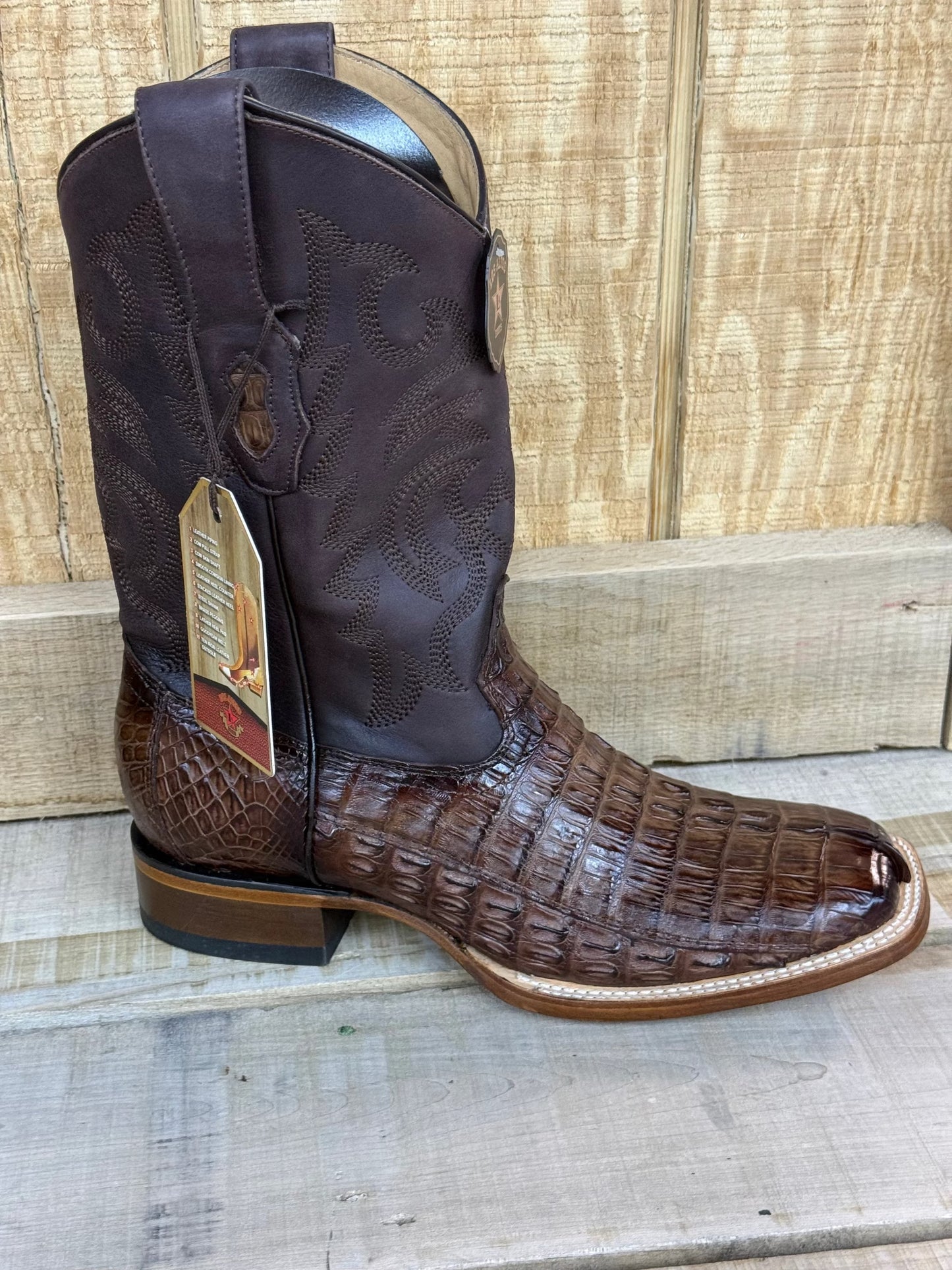 Exotic Los Altos Faded Brown Caiman Tail Leather Sole Square Toe Cowboy Boots With Pull Straps by Los Altos