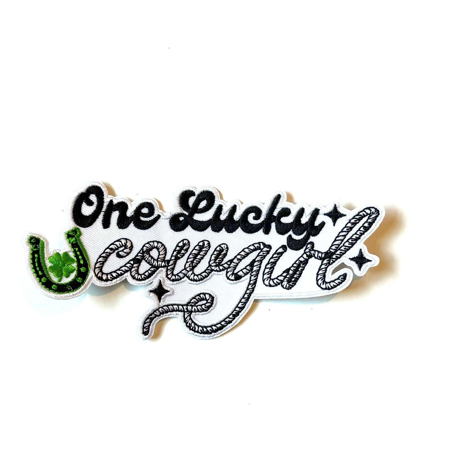 One Lucky Cowgirl Black Iron-on Patch