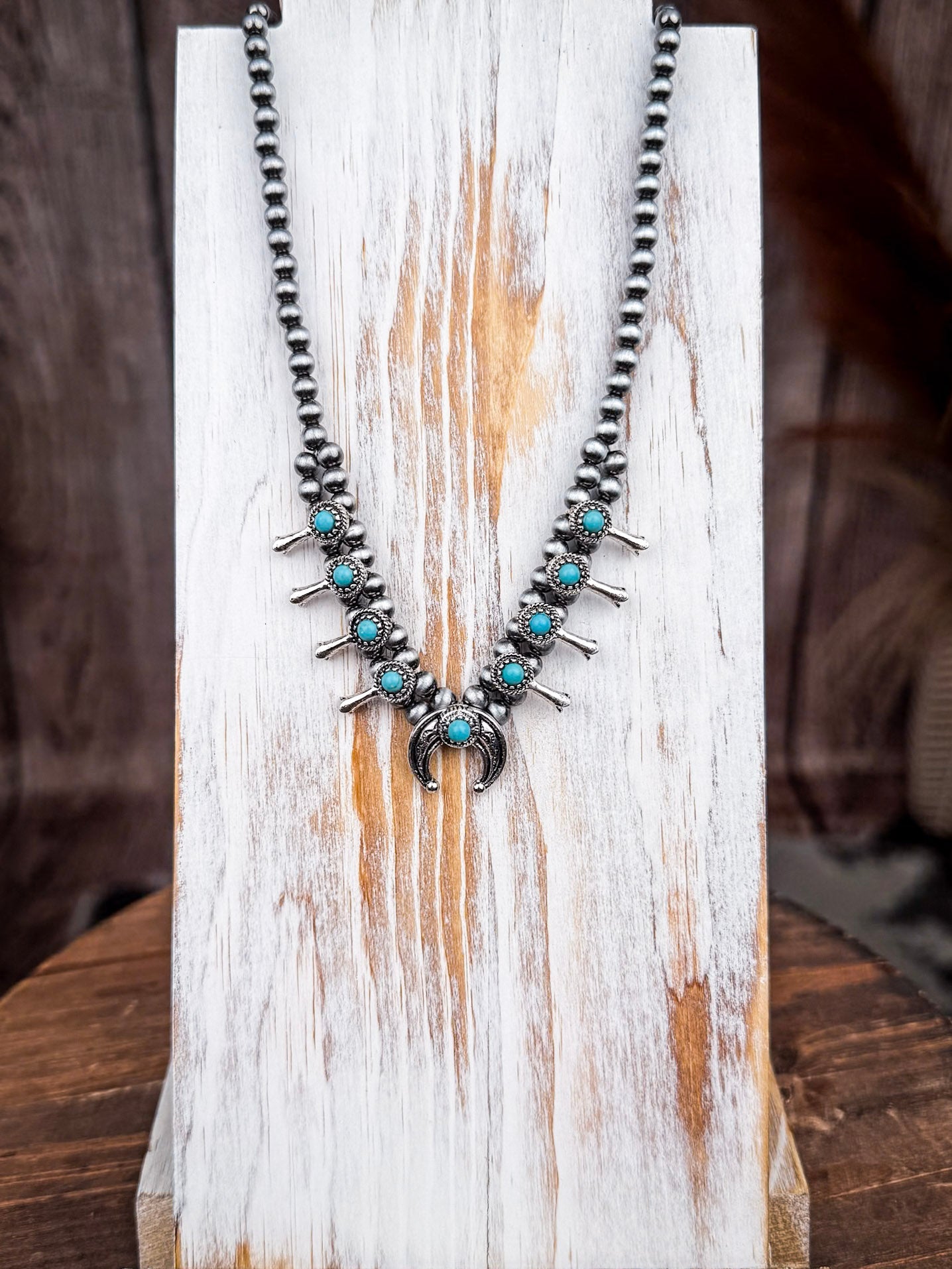 Sable Mini Squash Blossom with Aqua Accents Fashion Necklace