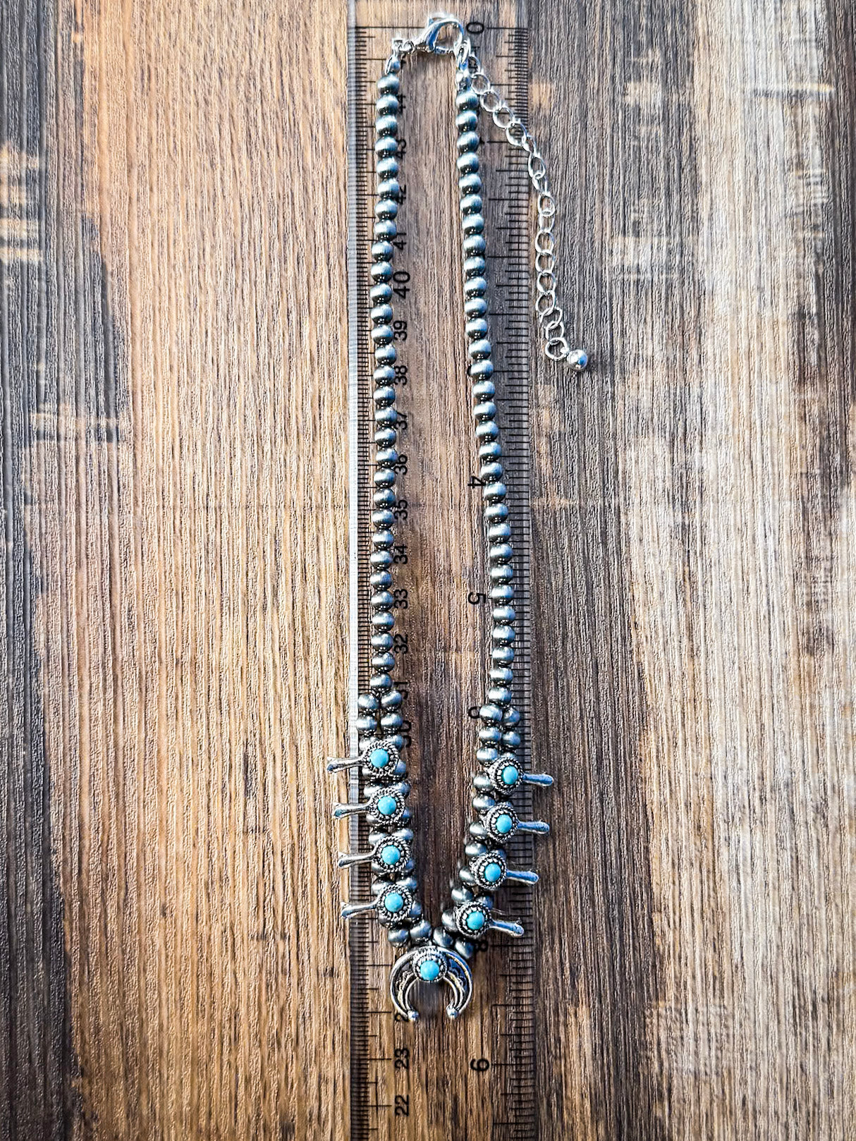 Sable Mini Squash Blossom with Aqua Accents Fashion Necklace