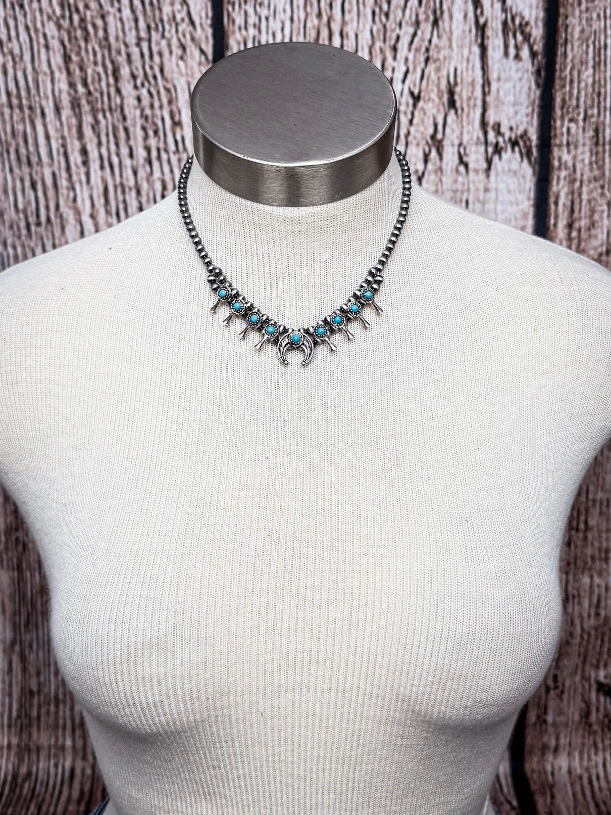 Sable Mini Squash Blossom with Aqua Accents Fashion Necklace