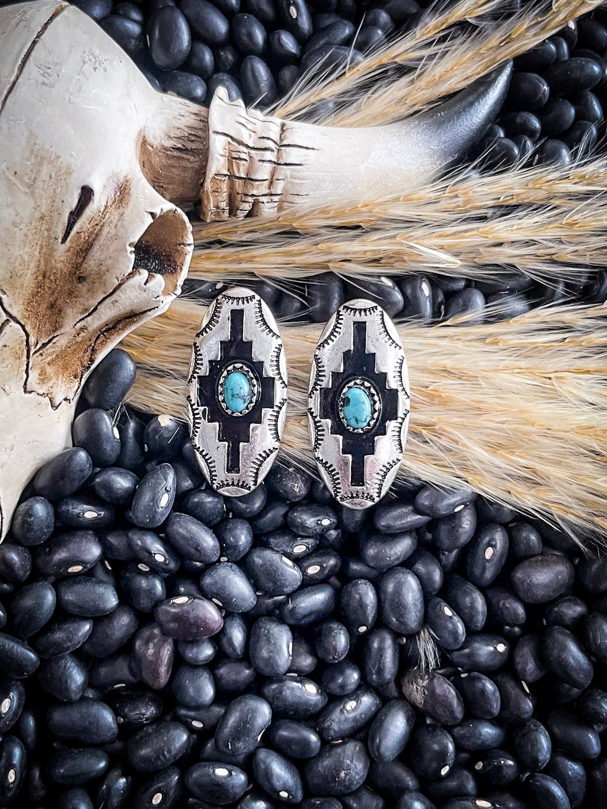 Azure Aztec Patterned Metal Stud Fashion Earrings