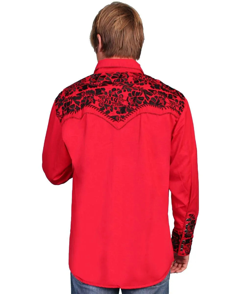 Scully Floral Tooled Embroidery - Men's Western Shirt (Red/Black)