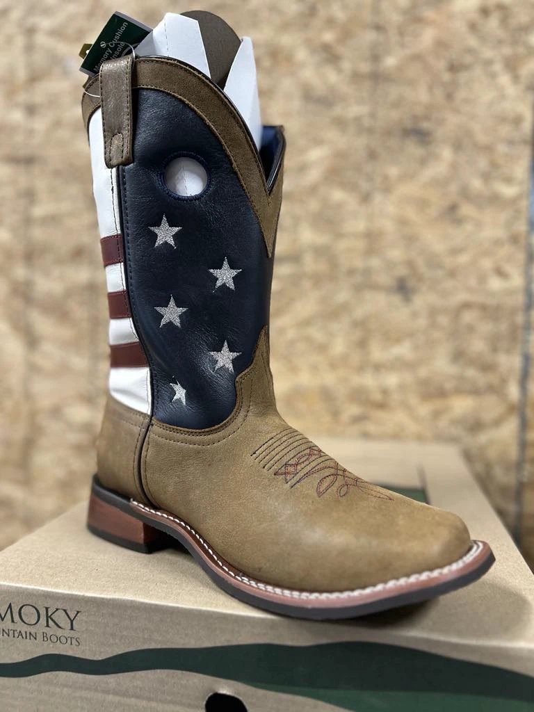 Stars and Stripes Pattern Smoky Mountain Mens Cowboy Boots Vintage Brown Leather Western Footwear by Smoky Mountain Boots