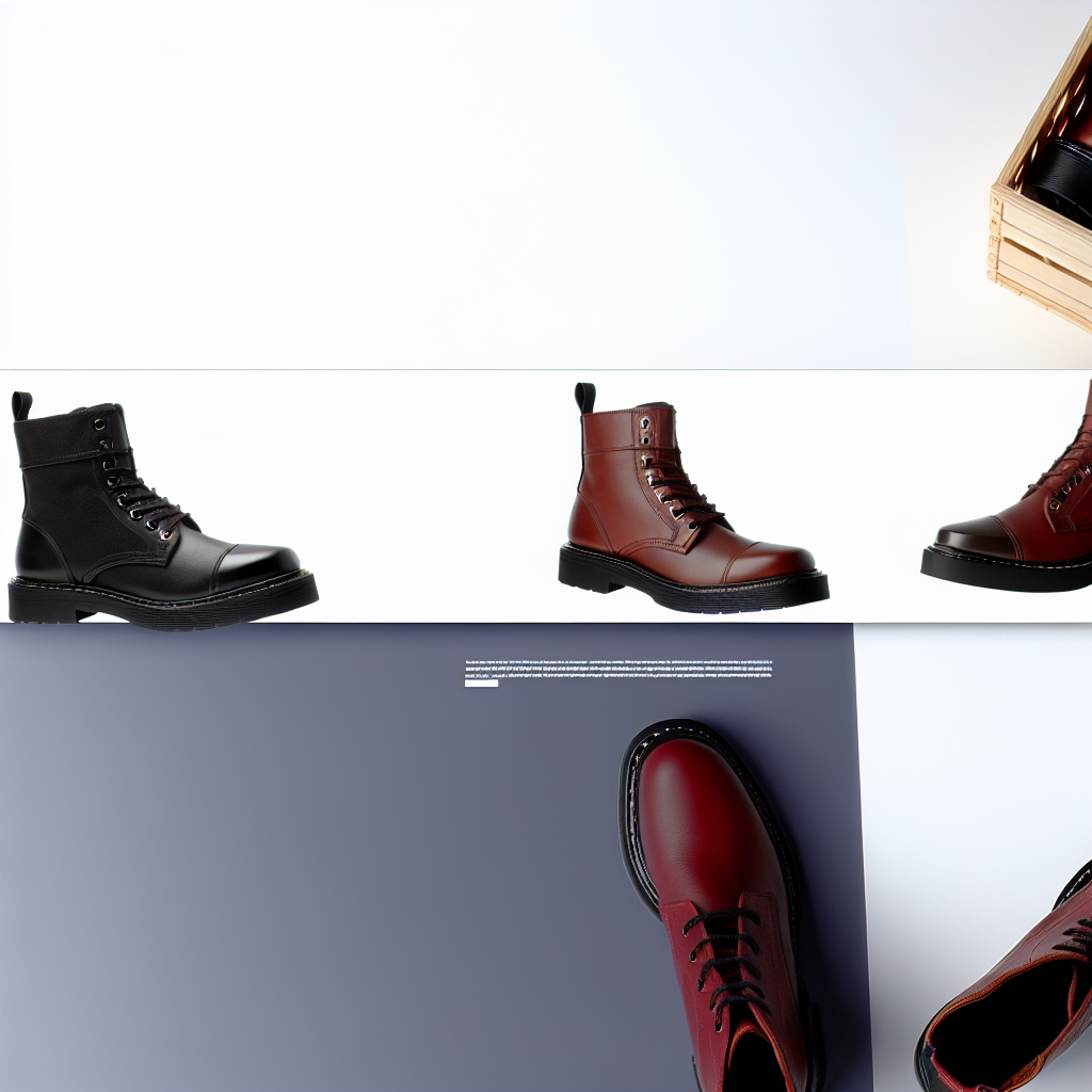 Boots - Squaretoe collection showing rugged work boots in black, brown, and burgundy on a white and purple display.