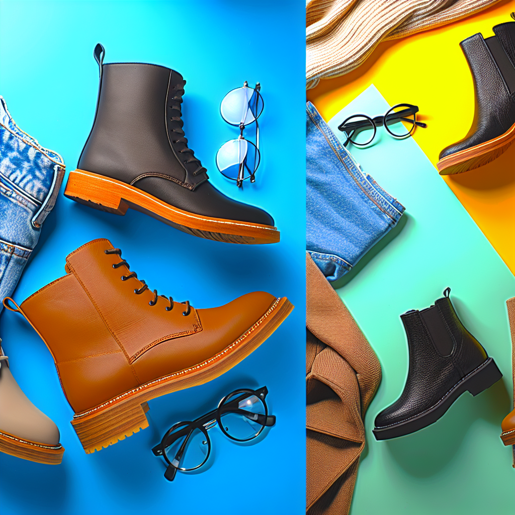 Roundtoe boots collection: black and tan leather boots with chunky soles, denim, and glasses on a colorful backdrop.