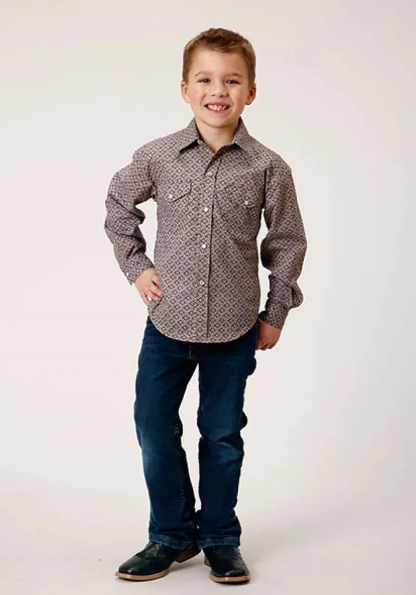 Roper Retro Print (Wine) - Boy's Western Shirt