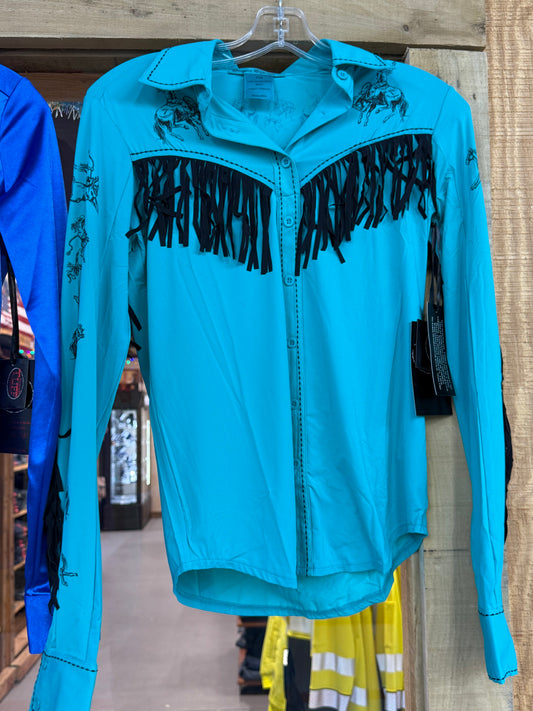 Cowgirl Tuff Designed Teal 4 Way Stretch Pullover Button Up Showshirt