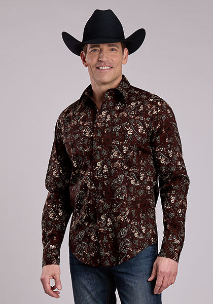 Roper Men’s Brown Paisley Pearl Snap Button Up Shirt