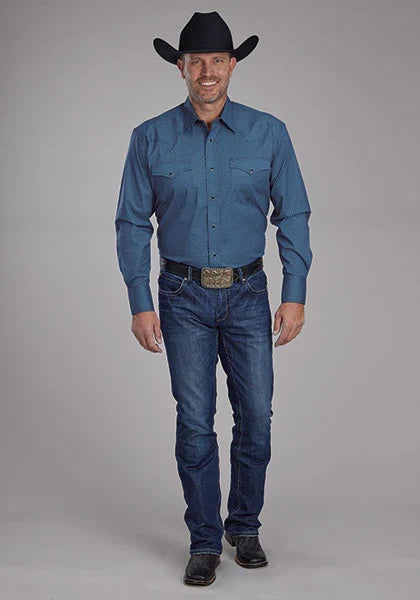 Roper 2163 Stretch Diamond Print (Blue) - Men's Western Shirt